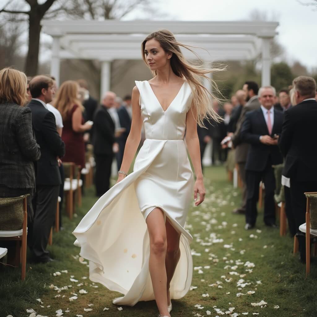 Do You Need a Full-Length Gown, or Could a Short Wedding Dress Work? Bride in a structured satin mini wedding dress walking down an outdoor aisle in a wind-swept garden venue, with petals scattered by the wind and bare trees in the background.