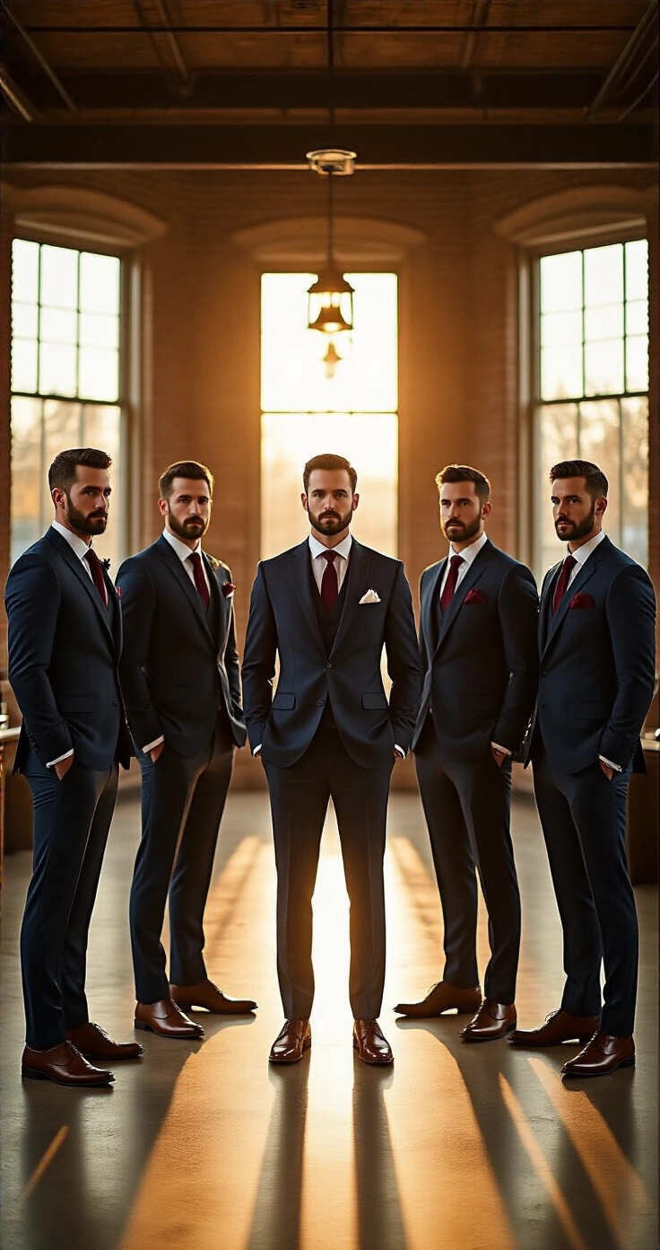 Matching Groomsmen Suits: How to Coordinate Your Wedding Party Without the Stress A stylish men's bridal boutique during golden hour features five groomsmen in slim-fit navy to midnight blue suits, with the groom in deep charcoal and a burgundy tie, all highlighting the polished atmosphere enhanced by warm amber light and rich shadows.