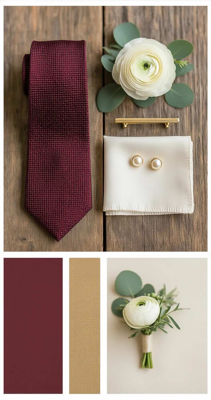 Matching Groomsmen Suits: How to Coordinate Your Wedding Party Without the Stress Flatlay of groomsmen accessories on a reclaimed oak tabletop, featuring a burgundy knit tie, ivory pocket square, pearl cufflinks, gold tie bar, and a white ranunculus boutonniere. The scene is softly lit by morning light, showcasing rich textures and a warm color palette, evoking a curated, intimate, and luxurious wedding aesthetic.