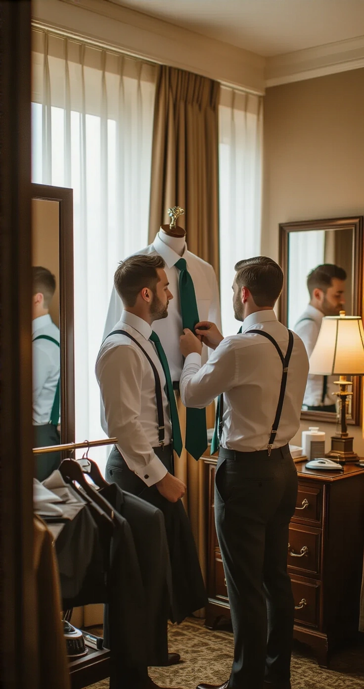 Matching Groomsmen Suits: How to Coordinate Your Wedding Party Without the Stress A warmly lit hotel suite scene with two groomsmen in white dress shirts and suspenders standing before a mirror, one tying a deep emerald silk tie on the other. Charcoal wool suit jackets hang in the background, while a garment steamer and pocket square collection are on the dresser. Soft amber light and daylight from sheer curtains create a nostalgic atmosphere.