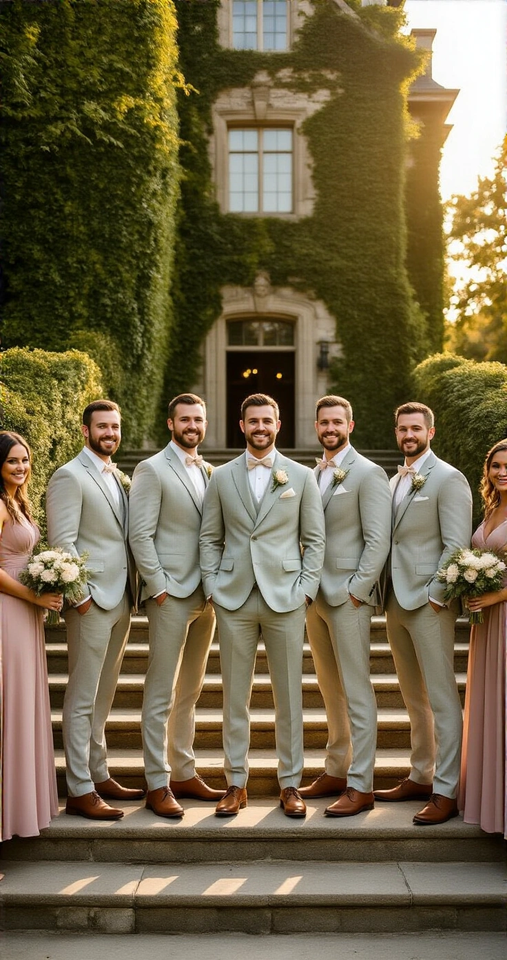 Matching Groomsmen Suits: How to Coordinate Your Wedding Party Without the Stress A group of groomsmen in light gray linen suits and a groom in pale sage stand on the stone steps of an ivy-covered estate during golden hour, with bridesmaid dresses in dusty rose visible at the edge. The late afternoon sun casts long shadows, creating an elevated and romantically sun-drenched atmosphere.