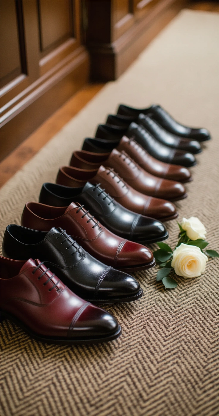 Matching Groomsmen Suits: How to Coordinate Your Wedding Party Without the Stress A low-angle detail shot of six polished Oxford dress shoes in alternating black and deep oxblood leather, lined on a herringbone wool rug, with navy and charcoal suit trouser hems visible above. A white garden rose boutonniere lies nearby, illuminated by warm tungsten light, creating a sophisticated and moody atmosphere.