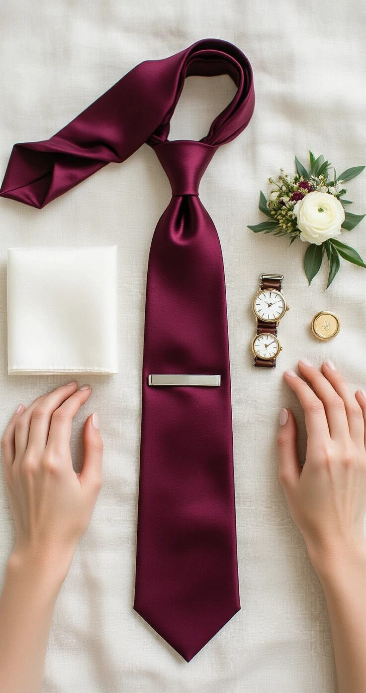 Necktie Wedding Attire: The Complete Guide to Choosing, Styling, and Photographing Your Wedding Look A flat-lay photograph showcasing a collection of men's wedding accessories on a white linen surface, featuring a burgundy silk necktie, silver tie bar, white pocket square, gold cufflinks, a leather-strap dress watch, and a cream boutonnière, styled by feminine hands in bright natural light, highlighting rich textures and a refined color palette.