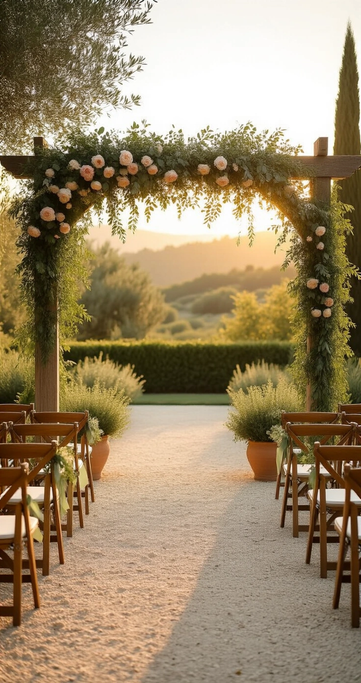 Sage Green Wedding: The Complete Guide to Pulling Off the Most Beautiful Color Palette of the Year A romantic garden ceremony space at golden hour, featuring a weathered wooden arch draped in eucalyptus and blush peonies, surrounded by terracotta pots with olive trees, ivory wooden chairs adorned with sage ribbons, set on pale limestone gravel.