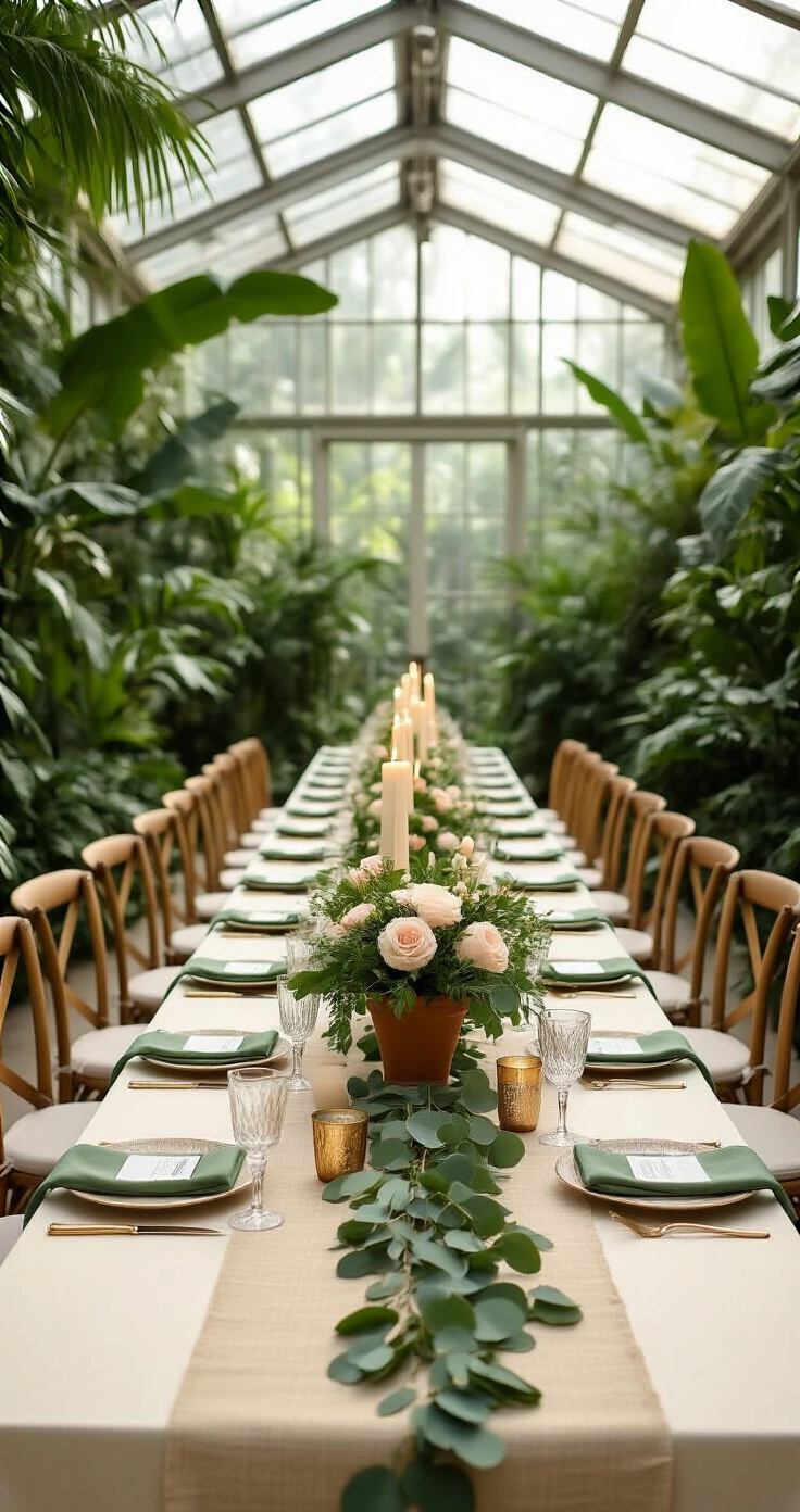 Sage Green Wedding: The Complete Guide to Pulling Off the Most Beautiful Color Palette of the Year A 40-foot banquet table in a glass greenhouse, adorned with eucalyptus runner, clay pot herbs, ivory candles, and blush ranunculus, featuring cream linen and sage green napkins, gold flatware, and crystal glassware, captured from above in mid-morning diffused light with a lush tropical backdrop.