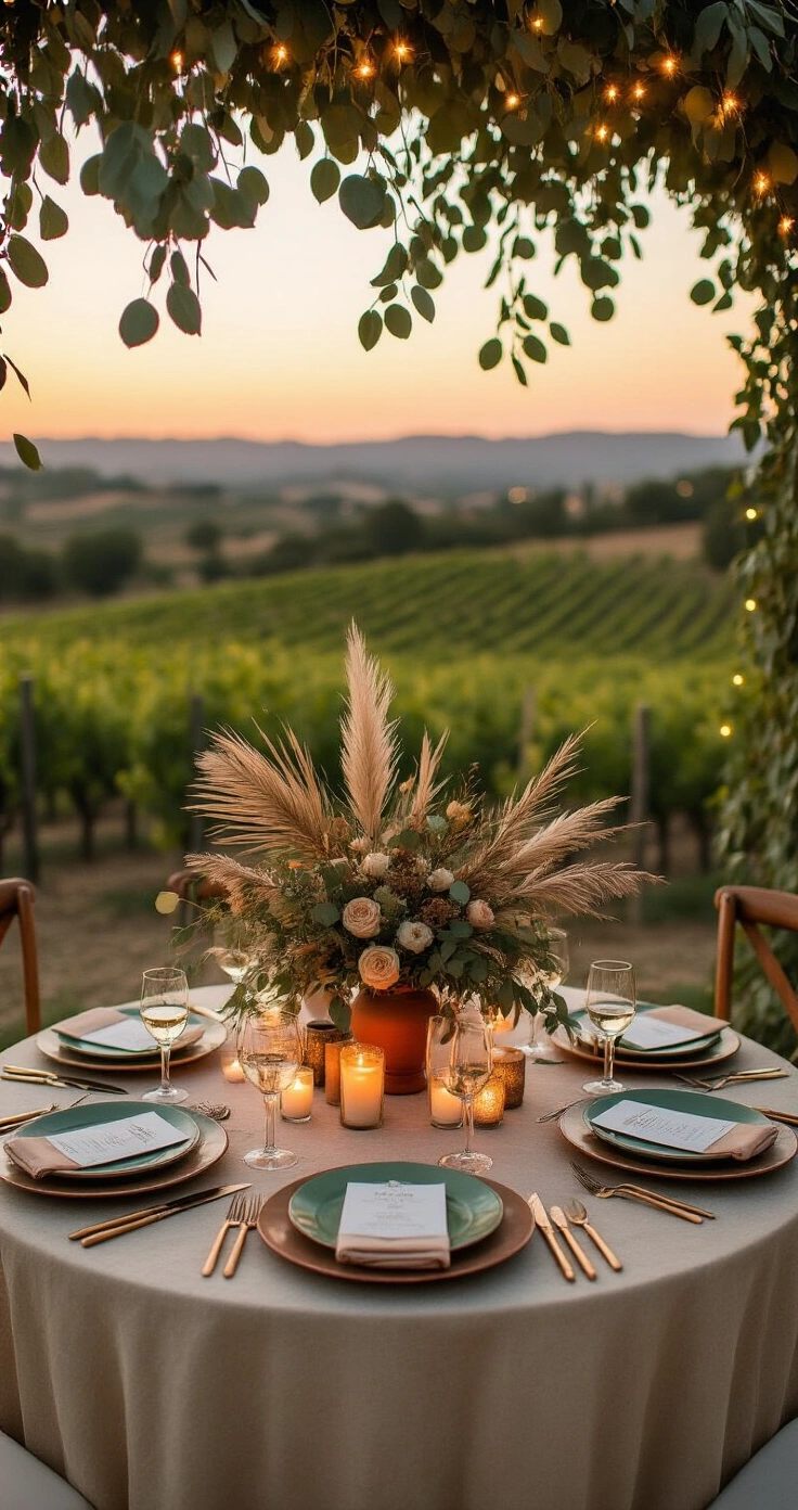 Sage Green Wedding: The Complete Guide to Pulling Off the Most Beautiful Color Palette of the Year An enchanting outdoor reception scene at dusk featuring a round table for eight adorned with a champagne tablecloth and sage green charger plates. Dried palms and olive branches create unstructured centerpieces, while pillar candles emit a warm amber glow. Eucalyptus garlands with fairy lights drape overhead, framed by a soft bokeh of vineyard rows and a coral sunset sky, evoking a bohemian and atmospheric ambiance.