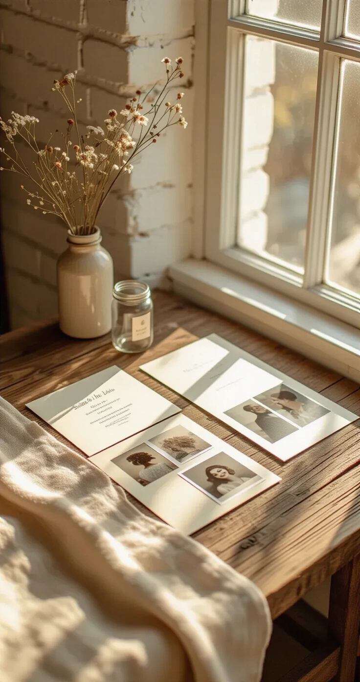 Save the Date Ideas That Actually Make People Excited to Come to Your Wedding A brightly lit home entryway at golden hour, showcasing a rustic wood console table against a whitewashed brick wall, with a flat lay of wedding save the date cards and a mason jar of dried wildflowers, all bathed in warm amber light.