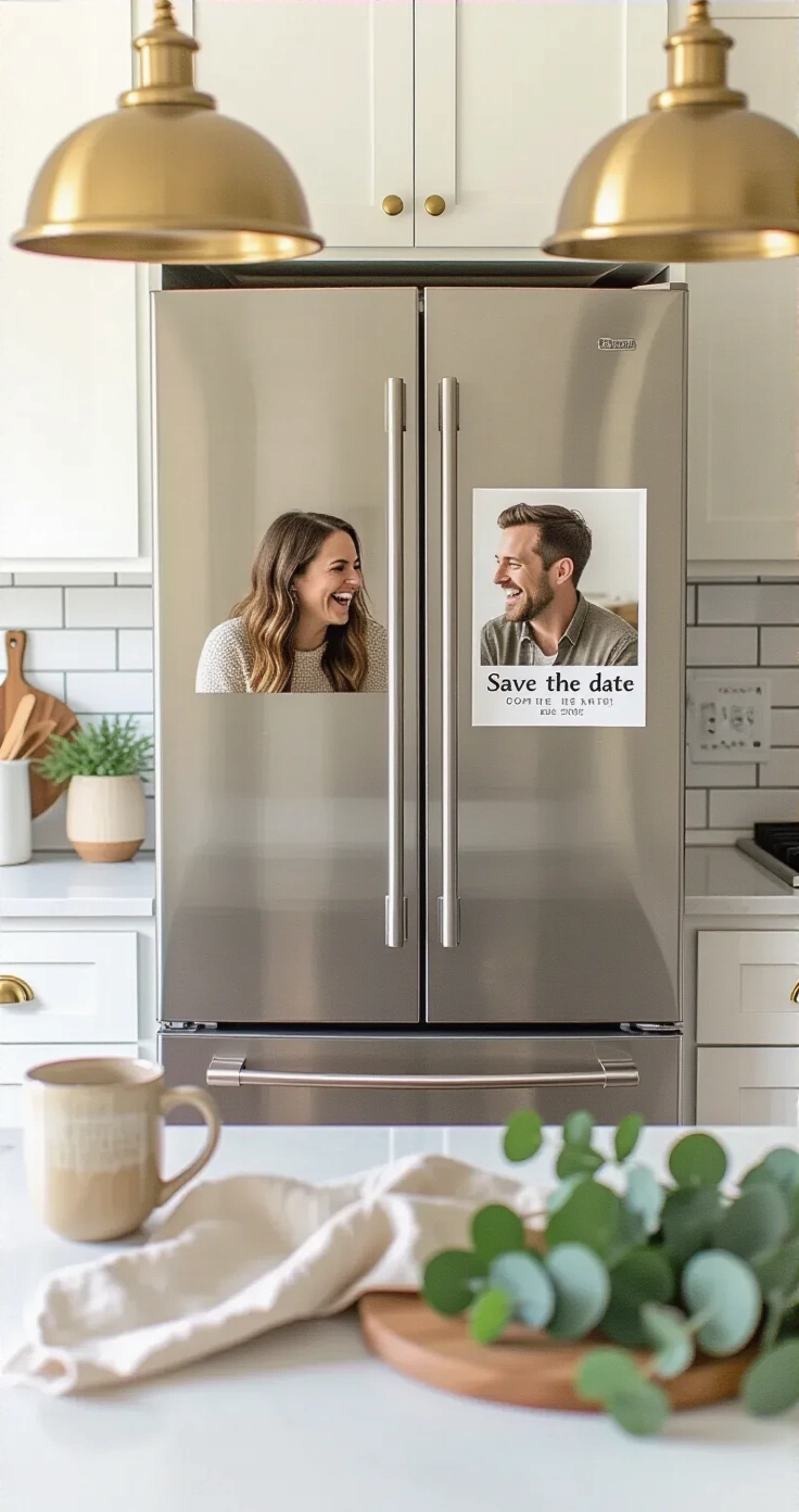 Save the Date Ideas That Actually Make People Excited to Come to Your Wedding A bright modern kitchen featuring a stainless steel refrigerator with a custom photo magnet save the date, surrounded by a linen dish towel, ceramic coffee mug, and fresh eucalyptus, all set against a matte white subway tile backsplash and warm brass fixtures.