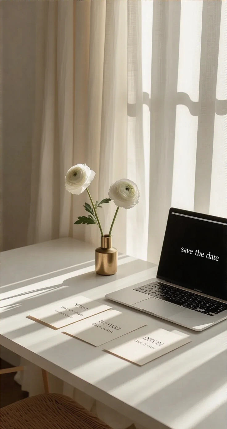 Save the Date Ideas That Actually Make People Excited to Come to Your Wedding A minimalist Scandinavian home office featuring a white desk with modern typography save the date cards, a single white ranunculus in a brass vase, and a partially open MacBook, all bathed in soft morning light.