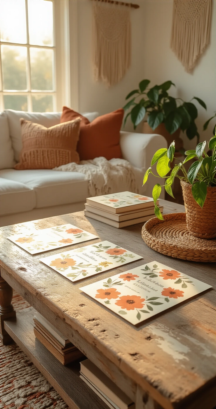 Save the Date Ideas That Actually Make People Excited to Come to Your Wedding Cozy bohemian living room bathed in warm golden hour light, featuring a distressed wooden coffee table with watercolor floral save the date cards and plantable seed paper, surrounded by macrame wall hangings, stacked linen books, and trailing pothos vines, all in a warm earthy color palette.