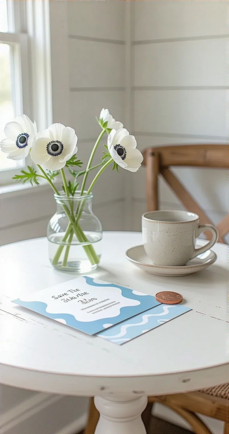 Save the Date Ideas That Actually Make People Excited to Come to Your Wedding A coastal breakfast nook with a whitewashed shiplap wall, featuring a round bistro table adorned with coastal-themed save the date cards, including a scratch-off card with a penny, fresh white anemones in a glass vase, and a ceramic coffee cup, all bathed in soft blue-white morning light.