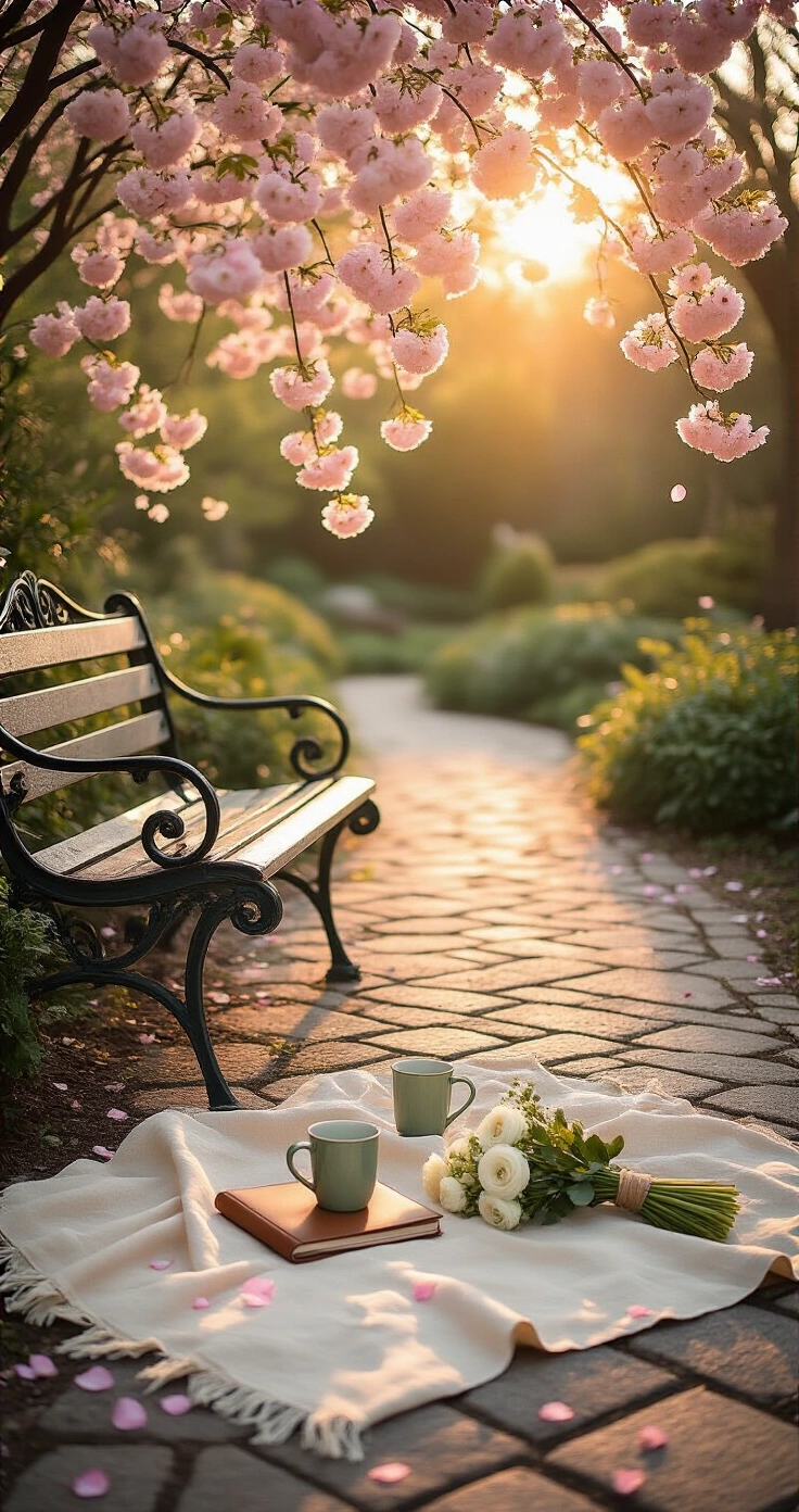 Seasonal Engagement Photos: The Complete Guide to Stunning Couple Portraits All Year Round A serene botanical garden at golden hour, featuring a weathered iron bench surrounded by cascading cherry blossoms, delicate pink petals on a herringbone stone path, and a cream linen picnic blanket with sage green ceramic mugs, white ranunculus, dusty miller, and a leather journal, all bathed in warm amber light under an overcast sky.