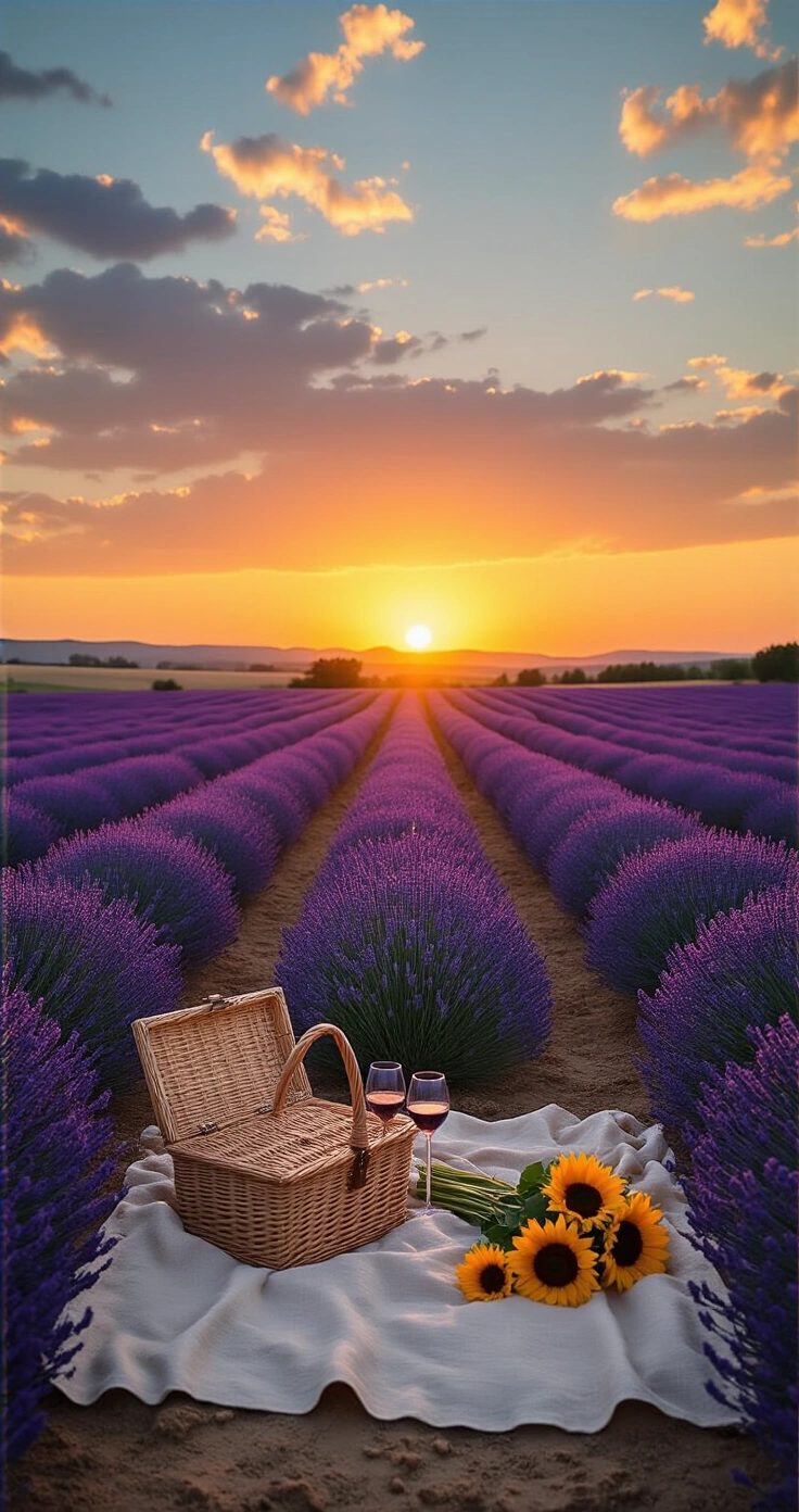 Seasonal Engagement Photos: The Complete Guide to Stunning Couple Portraits All Year Round A low-angle view of a sunlit lavender field during golden hour, featuring rows of deep violet-blue lavender leading to a warm amber horizon. An open seagrass picnic basket and two wine glasses rest on a cream linen blanket alongside fresh sunflowers. The scene is infused with sandy neutrals, terracotta, and sunflower yellow, evoking an expansive and romantic atmosphere.