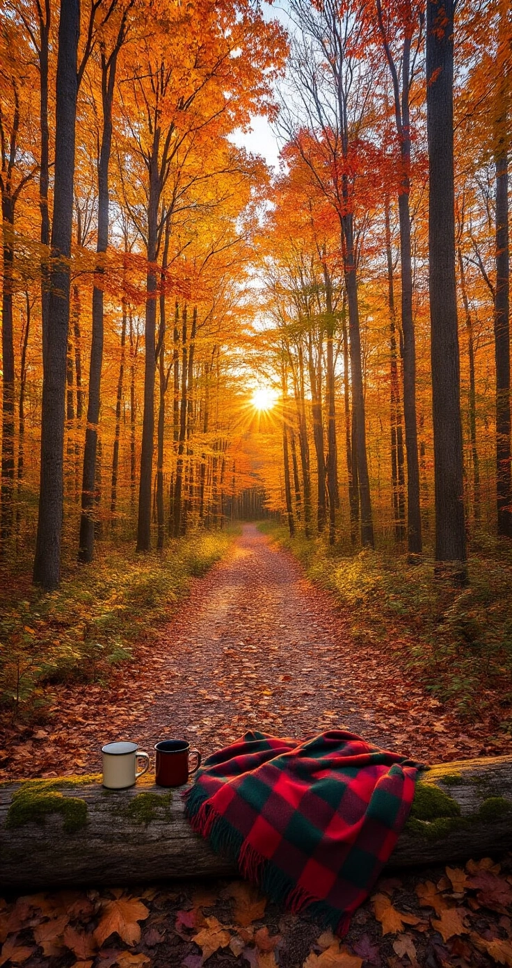 Seasonal Engagement Photos: The Complete Guide to Stunning Couple Portraits All Year Round A narrow dirt path winds through a vibrant New England maple forest at peak autumn foliage, with warm afternoon light filtering through the trees. A plaid wool blanket drapes over a mossy log next to two enamel camp mugs, surrounded by a thick carpet of fallen leaves in rich autumn hues.