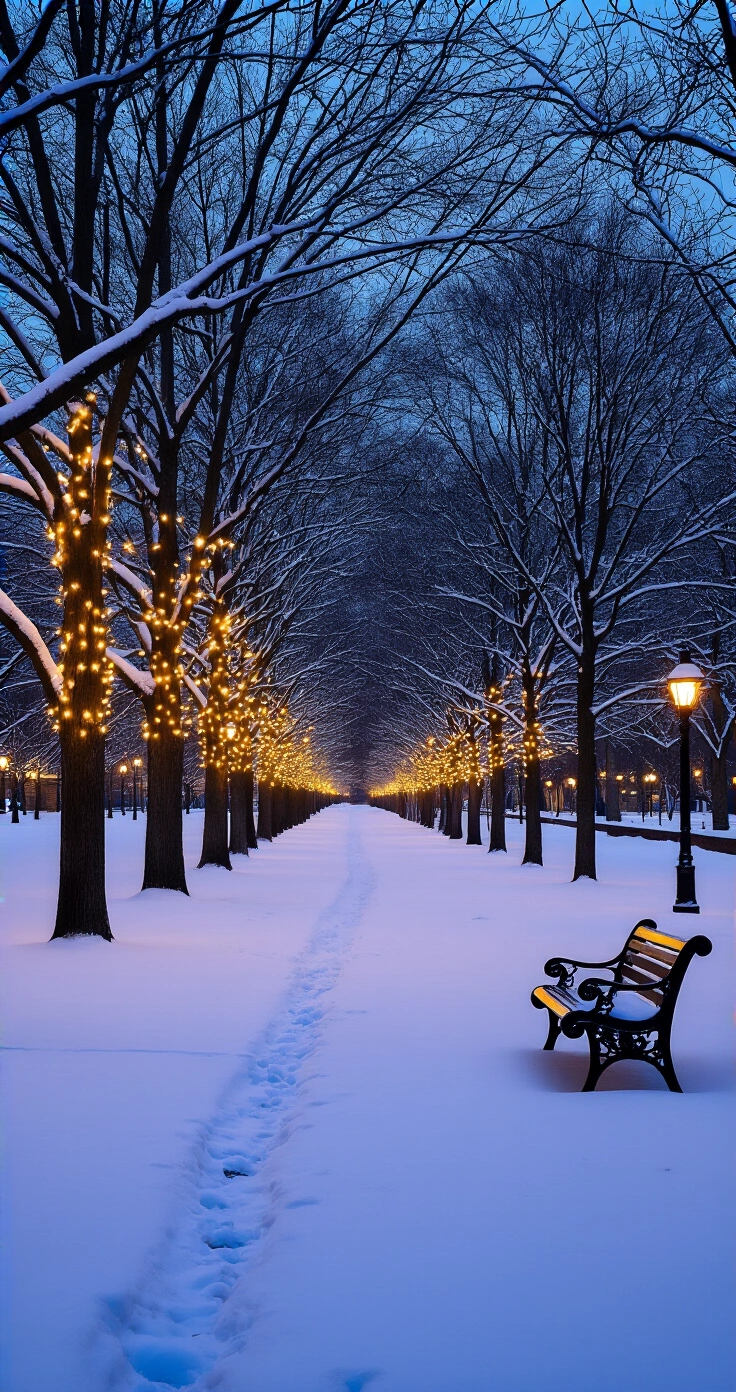 Seasonal Engagement Photos: The Complete Guide to Stunning Couple Portraits All Year Round A serene urban park at twilight, with bare trees silhouetted against a deep indigo sky, undisturbed snow blanketing the ground, and warm amber fairy lights draped between branches illuminating a solitary black cast iron bench dusted with snow.