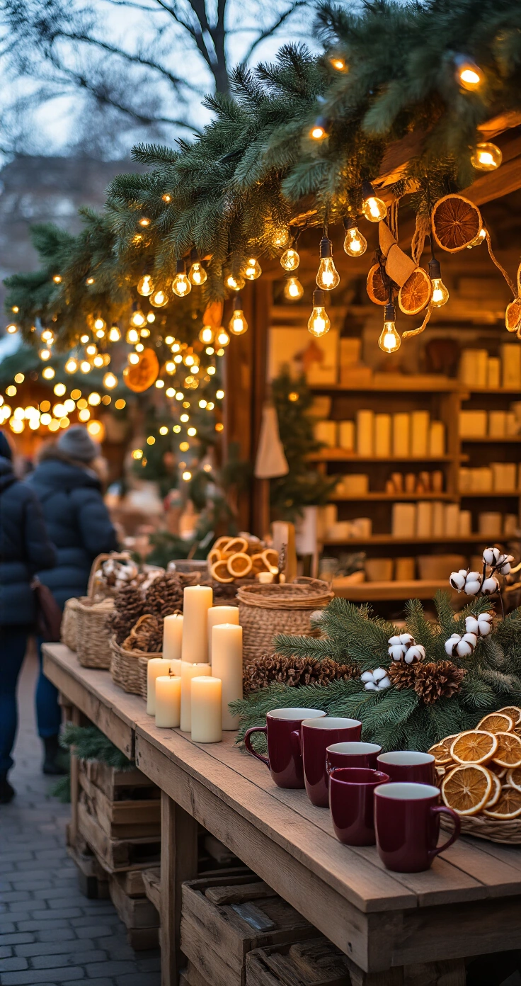 Seasonal Engagement Photos: The Complete Guide to Stunning Couple Portraits All Year Round A cozy indoor holiday market stall illuminated by warm amber lights, featuring rustic wooden stalls adorned with evergreen boughs, dried orange slices, and cinnamon bundles. A rough-hewn wooden table displays cream pillar candles of varying heights, a bundle of eucalyptus with dried cotton stems, and two steaming mugs of ruby mulled wine. The scene is set against honey-gold exposed brick walls, with a deep crimson and navy Persian-style runner on the wooden floor, creating a festive and intimate atmosphere.