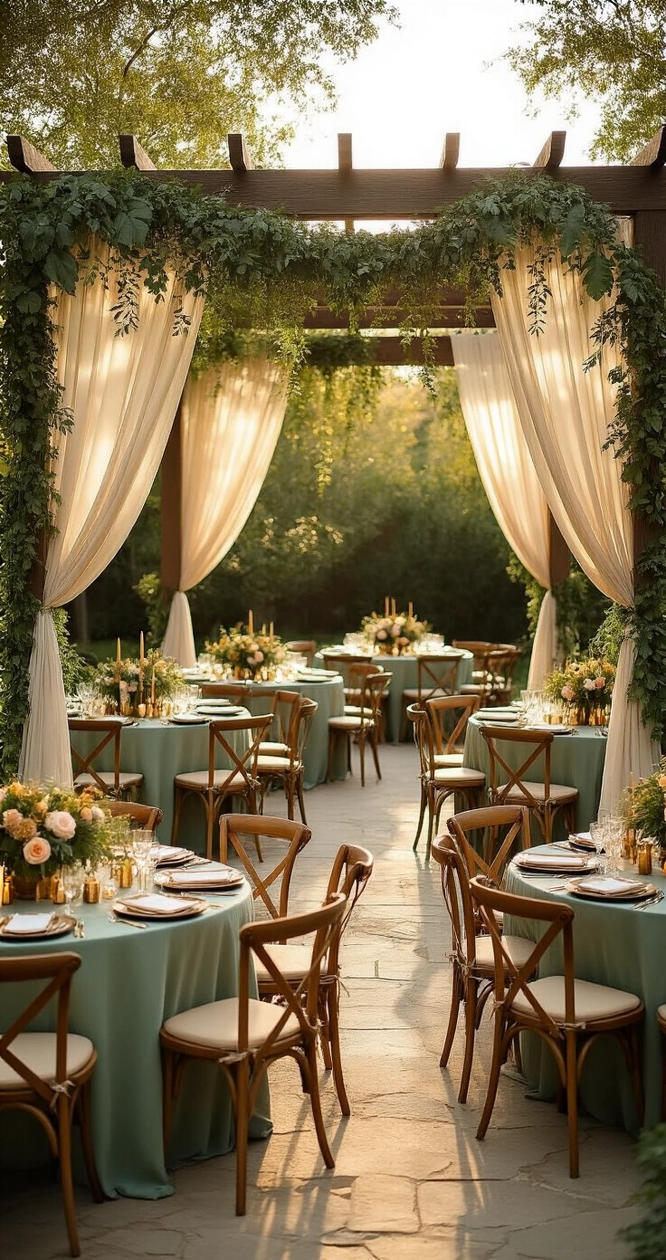 Second Wedding Ideas That Actually Feel Like You (Not a Redo) A sunlit backyard wedding reception with a wooden pergola draped in ivory linen and eucalyptus garlands, featuring six round tables dressed in dusty sage and caramel. Centerpieces with terracotta vessels hold garden roses and pampas grass, surrounded by brass taper candles. Warm string lights illuminate the scene, set in a color palette of rust, sage, ivory, and terracotta.