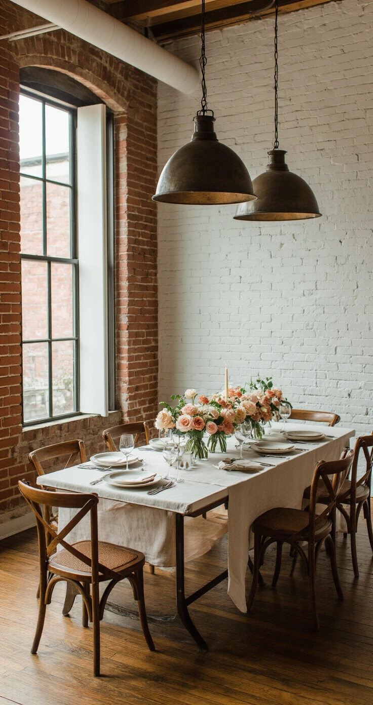 Second Wedding Ideas That Actually Feel Like You (Not a Redo) A refined private dining room for a second wedding dinner, featuring a long harvest table set with ivory linens, ceramic plates, and mismatched silverware, surrounded by low floral centerpieces and taper candles, illuminated by warm pendant lights and exposed brick walls.