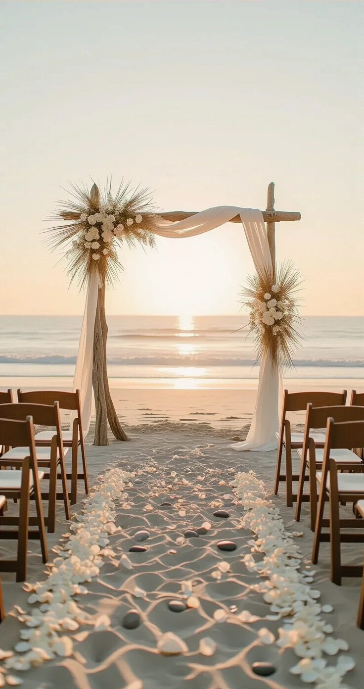 Second Wedding Ideas That Actually Feel Like You (Not a Redo) A serene coastal wedding ceremony setup at sunrise, featuring a minimalist driftwood arch adorned with sea grass and white flowers. Eight wooden folding chairs line the aisle, scattered with ivory petals, as soft Pacific light illuminates the sandy beach and ocean waves in the background.