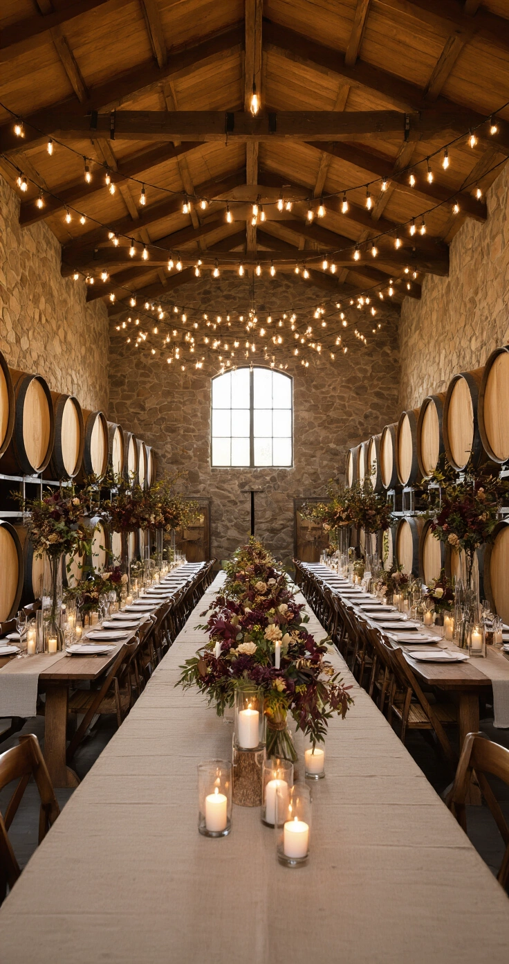 Second Wedding Ideas That Actually Feel Like You (Not a Redo) A cozy winery barrel room set for an autumn second wedding reception, featuring oak wine barrels, vaulted ceiling with Edison bulbs, and long farmhouse tables adorned with natural linen, burgundy foliage, rust dahlias, and pillar candles, all in warm amber light at dusk.