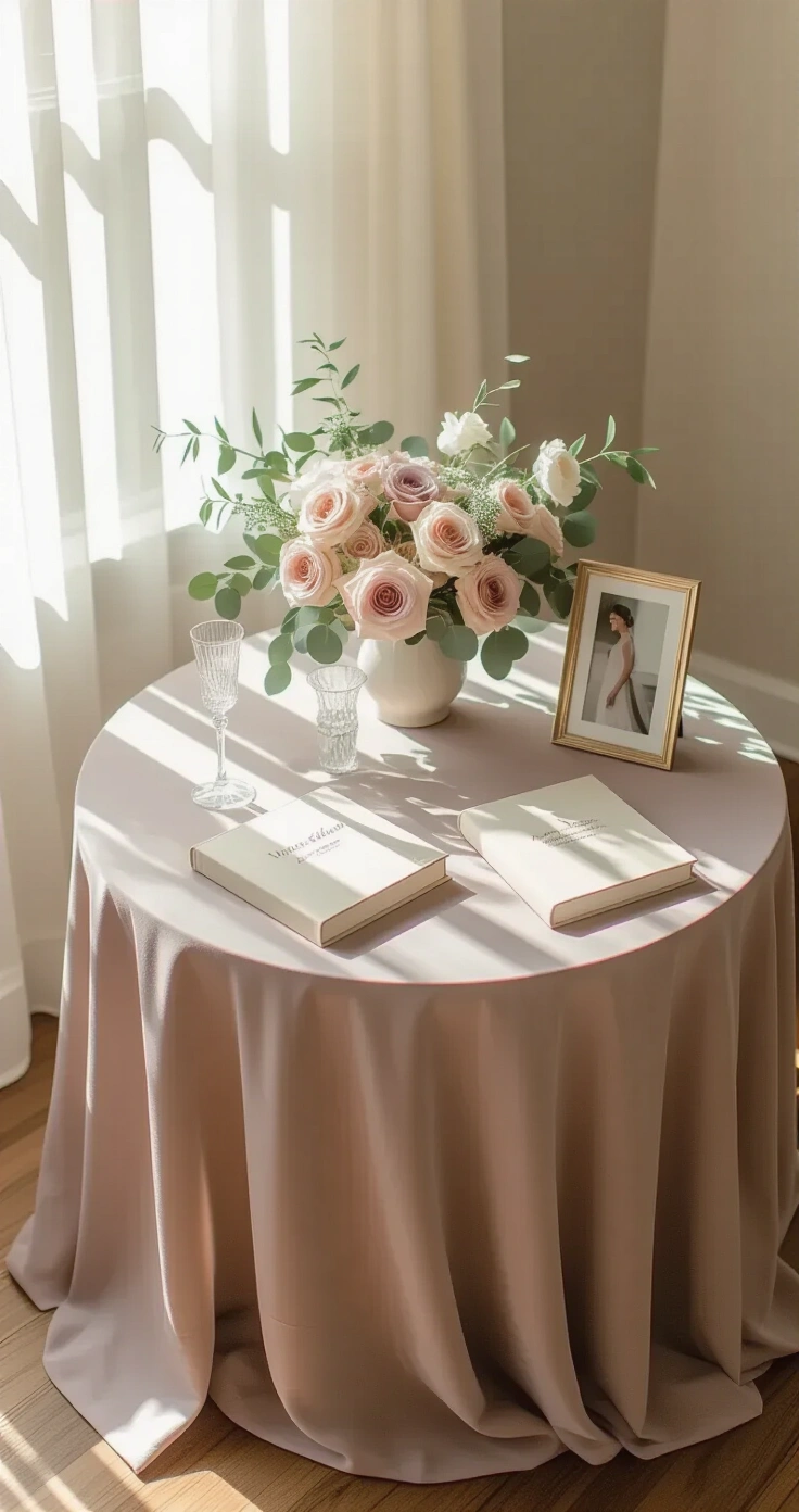 Second Wedding Ideas That Actually Feel Like You (Not a Redo) Close-up shot of a sweetheart table for a second wedding reception, featuring a dusty mauve tablecloth, a low floral arrangement, crystal champagne flutes, personalized vow books, a framed photo, a pillar candle in a brass holder, and decorative ribbon, all illuminated by natural window light.