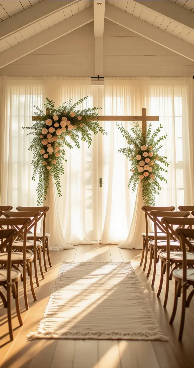 Secular Wedding Scripts: Complete Ceremony Templates, Vows, Readings, and Unity Ceremony Ideas A sun-drenched intimate wedding ceremony space with a birch branch arch adorned with eucalyptus and roses, vintage wooden chairs, soft filtered light, and warm amber tones, evoking a quietly romantic atmosphere.