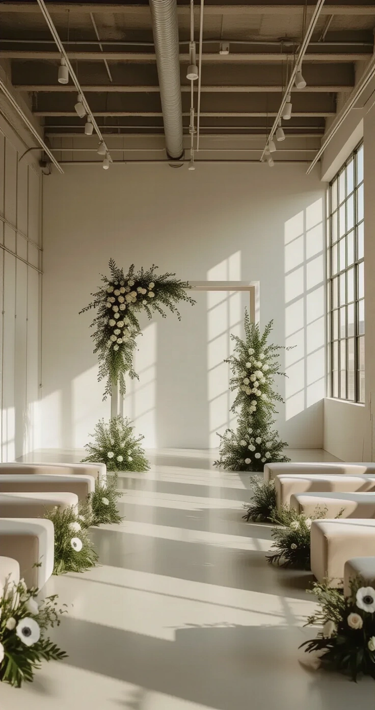 Secular Wedding Scripts: Complete Ceremony Templates, Vows, Readings, and Unity Ceremony Ideas A modern minimalist wedding ceremony in a bright loft with concrete ceilings, featuring a sleek white arch adorned with white anemones and green anthurium, flanked by ivory velvet benches and subtle decor elements, all captured in soft, diffused daylight.