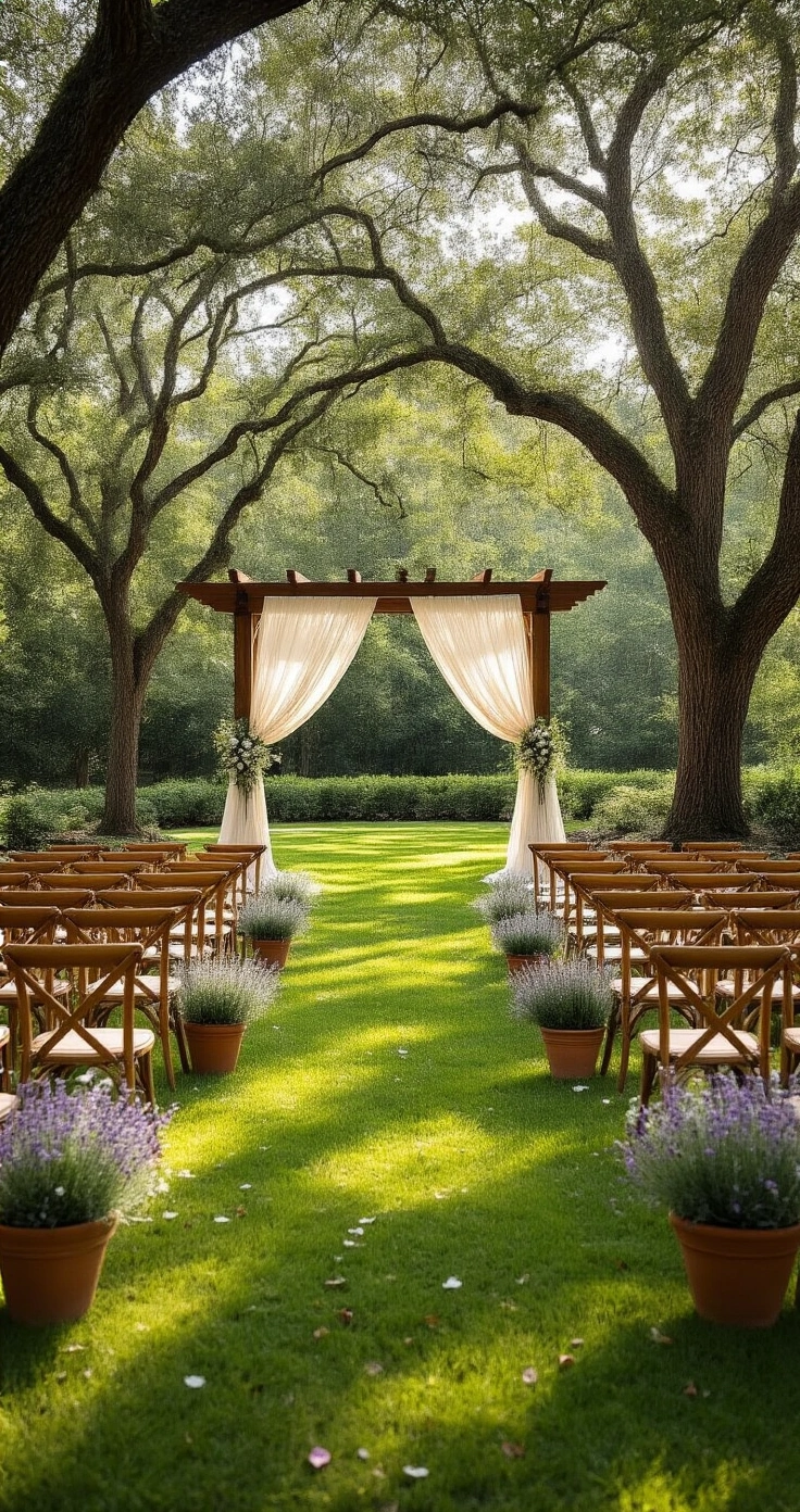 Secular Wedding Scripts: Complete Ceremony Templates, Vows, Readings, and Unity Ceremony Ideas A beautifully arranged outdoor garden ceremony space featuring a wooden pergola draped in cheesecloth and jasmine, surrounded by mature trees with dappled sunlight on an emerald lawn, set with natural wood chairs in a semicircle and decorated with potted lavender and wildflowers, exuding a warm and celebratory atmosphere.