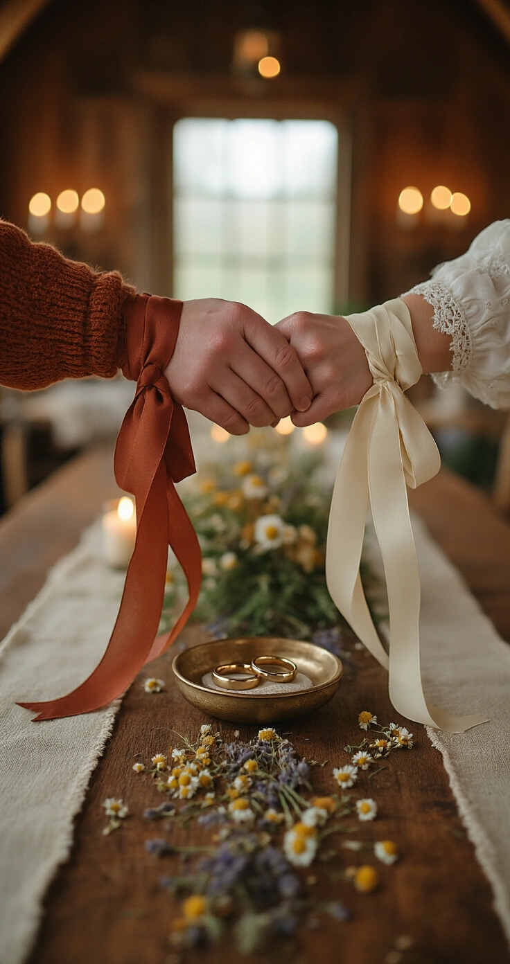 Secular Wedding Scripts: Complete Ceremony Templates, Vows, Readings, and Unity Ceremony Ideas Close-up of two pairs of hands joined in a handfasting ceremony, wrapped in layered ribbons of terracotta, sage green, and cream ivory, above a weathered oak table adorned with a raw linen runner and dried chamomile and lavender. A warm candle-lit background with soft bokeh enhances the intimate atmosphere, featuring a brass ring dish with gold wedding bands, a folded ceremony card, and an olive branch sprig.