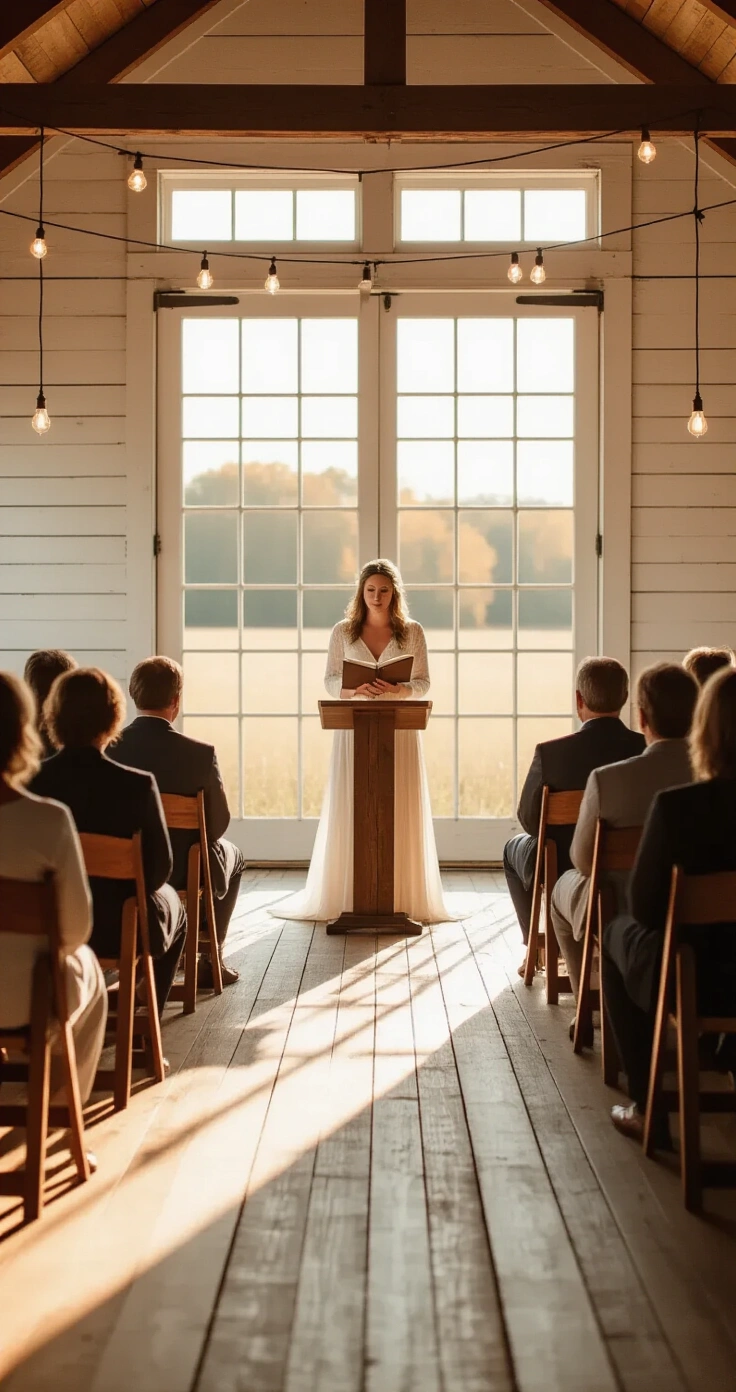 Secular Wedding Scripts: Complete Ceremony Templates, Vows, Readings, and Unity Ceremony Ideas An intimate ceremony moment in a warmly lit barn venue, featuring a reader at a reclaimed barnwood podium, surrounded by guests seated in mismatched antique chairs, with warm shafts of light illuminating the space.
