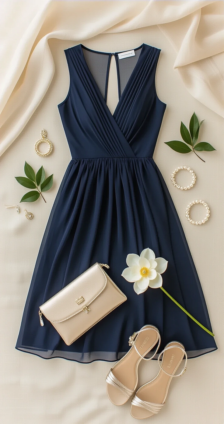 Semi-Formal Wedding Attire: The Complete Guide to Looking Perfectly Polished Without Overdoing It A sophisticated editorial flat lay featuring a deep navy midi dress with chiffon overlay, draped elegantly on a pale ivory linen surface. A champagne satin clutch and silver strappy sandals anchor the composition, while three pearl accessories and a cream gardenia bloom add refinement and texture, shot from directly overhead.