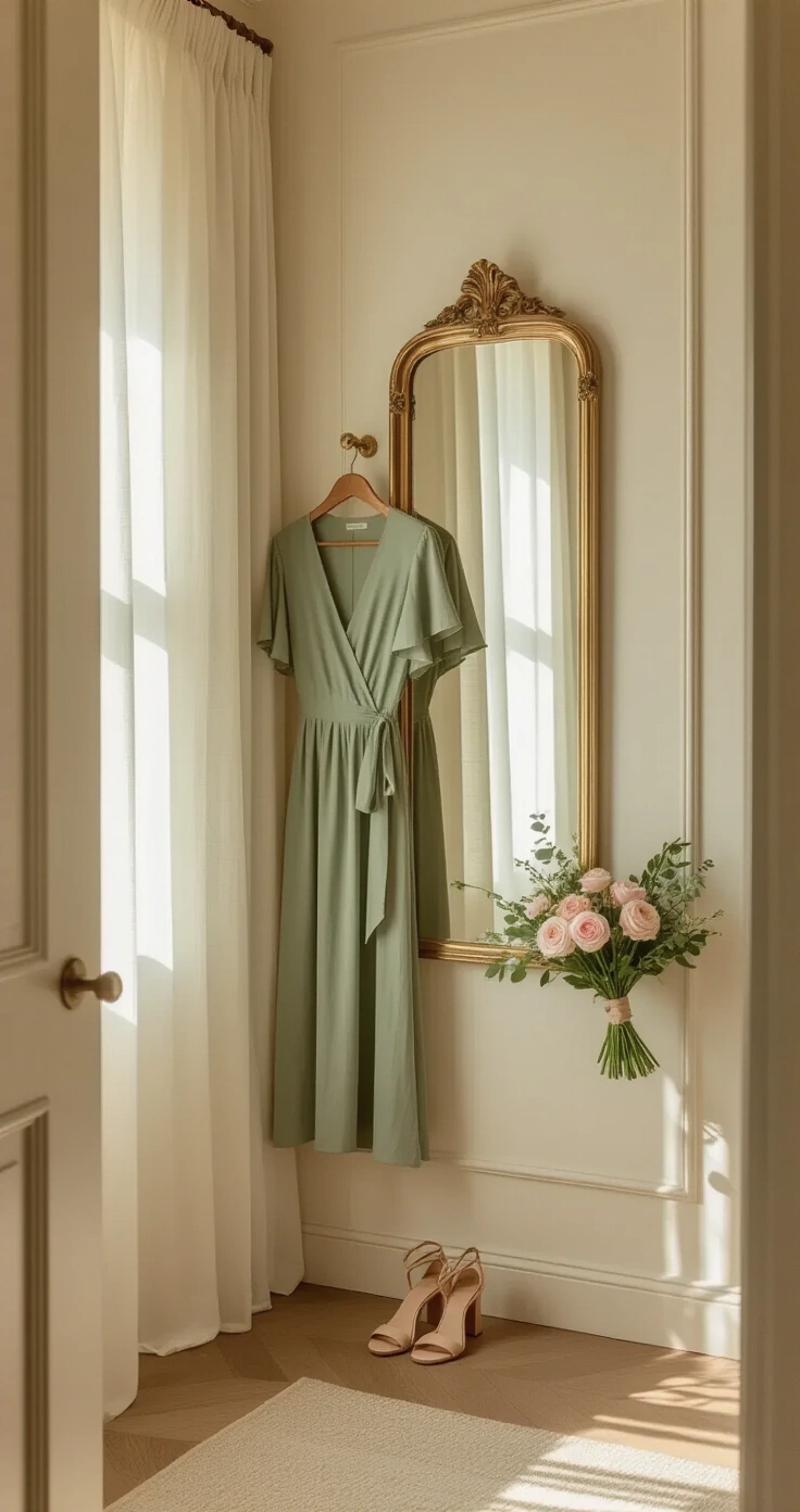 Semi-Formal Wedding Attire: The Complete Guide to Looking Perfectly Polished Without Overdoing It A sunlit dressing area in a boutique hotel suite, featuring a full-length antique gold mirror, a dusty sage wrap dress hanging from a brass hook, nude block-heeled sandals on herringbone oak flooring, and a small bouquet of blush ranunculus and eucalyptus against the mirror, with a vanity tray holding pearl drop earrings and a slim gold bangle.