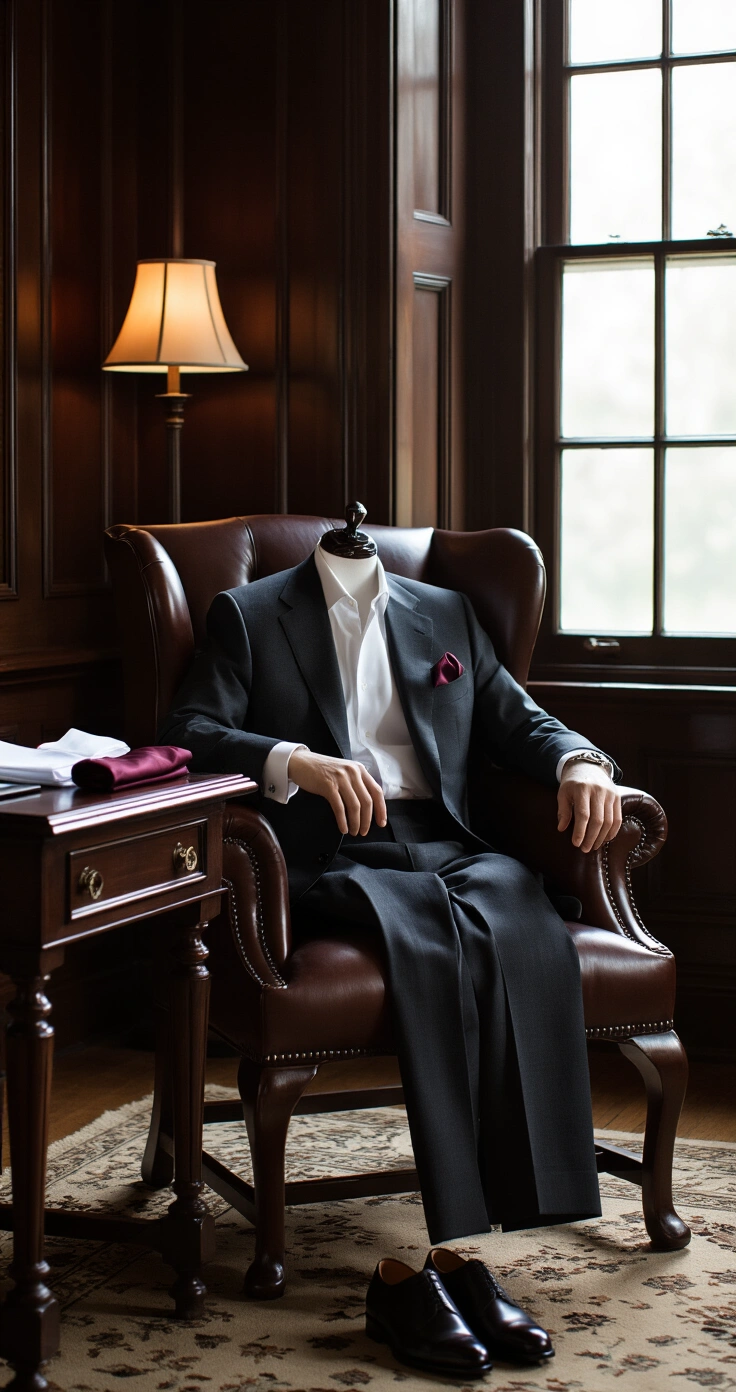Semi-Formal Wedding Attire: The Complete Guide to Looking Perfectly Polished Without Overdoing It A moody men's dressing vignette in a dark mahogany-paneled study, featuring a charcoal wool suit jacket draped over a cognac leather wingback chair, with matching trousers, a white dress shirt, a burgundy silk pocket square, polished black Oxford shoes, a silver watch, cufflinks, an amber pillar candle, and a glass of whiskey, all bathed in warm tungsten tones.
