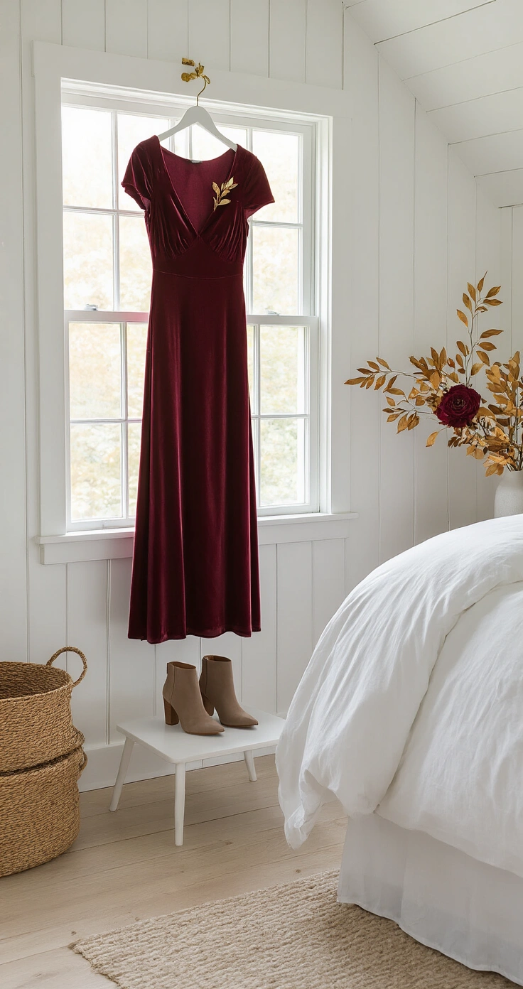 Semi-Formal Wedding Attire: The Complete Guide to Looking Perfectly Polished Without Overdoing It Bright and airy autumn-themed wedding guest styling station featuring a burgundy velvet midi dress on a white wooden hanger, taupe suede block-heel boots underneath, a rust and gold botanical sprig tucked into the dress, a warm caramel satin clutch, and white oak flooring, all illuminated by northeast morning light.