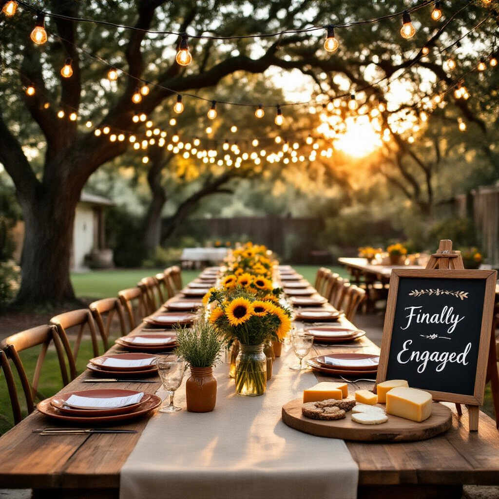 Engagement Party Decor: Everything You Need to Style, Shoot, and Celebrate in Style Engaging backyard 'I Do BBQ' party with string lights, farmhouse tables, vintage decor, sunflowers, and a warm golden hour ambiance.