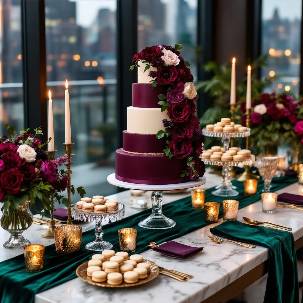 Engagement Party Decor: Everything You Need to Style, Shoot, and Celebrate in Style A lavish cocktail engagement party dessert table styled in jewel tones, featuring a three-tiered cake with cascading sugar florals, flanked by macarons and chocolate truffles, set against a marble countertop with warm candlelight and lush floral arrangements in a sleek urban venue.