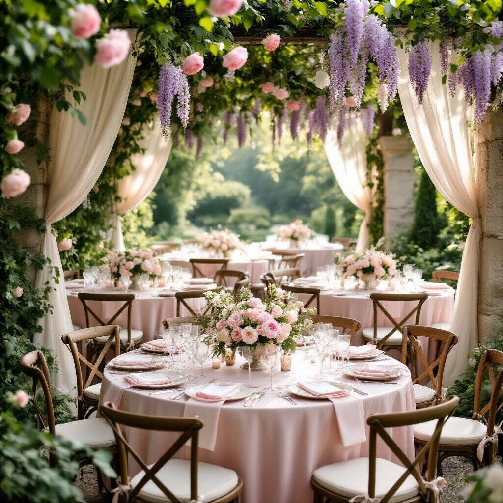 Engagement Party Decor: Everything You Need to Style, Shoot, and Celebrate in Style A dreamy secret garden engagement party set in soft morning light, featuring round tables with blush pink silk linens under a canopy of climbing roses, adorned with low floral centerpieces in antique vases, and an elegant champagne toast area framed by a romantic floral arch.