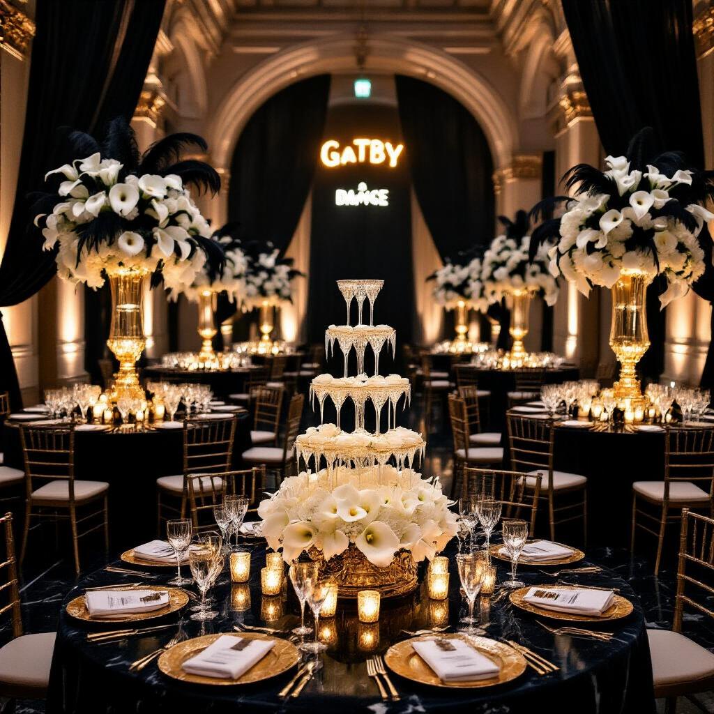 Engagement Party Decor: Everything You Need to Style, Shoot, and Celebrate in Style A cinematic view of a Great Gatsby-themed engagement party in a grand ballroom, featuring black marble floors reflecting a champagne tower surrounded by white orchids, gold candle holders, and dramatic floral arrangements. Guests in formal attire are elegantly blurred in the background under cascading black and gold drapery, with a glowing neon sign reading 'Engaged and Enchanted'.