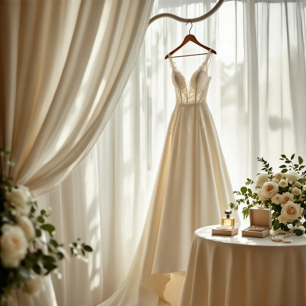 How to Photograph a Timeless Wedding Dress: The Complete Styling and Photography Guide A wide-angle shot inside a sunlit bridal boutique featuring an ivory A-line wedding dress with a lace bodice and cathedral train hanging against a sheer white curtain. The satin skirt showcases champagne undertones in soft morning light. Nearby, a silk-draped table holds a pearl ring box, crystal perfume bottle, and white garden roses. The elegant color palette includes ivory, warm cream, and soft sage, creating a luxurious editorial mood.