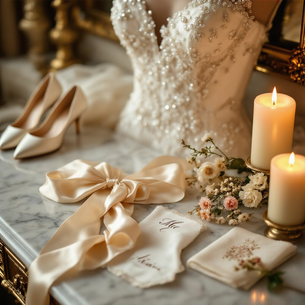 How to Photograph a Timeless Wedding Dress: The Complete Styling and Photography Guide Close-up detail of a vintage-inspired wedding dress on a marble vanity, showcasing hand-sewn seed pearl beading and champagne silk ribbon, with satin ivory shoes, a monogrammed handkerchief, dried blush and ivory florals, and warm candlelight, in an elegant hotel suite during golden hour.