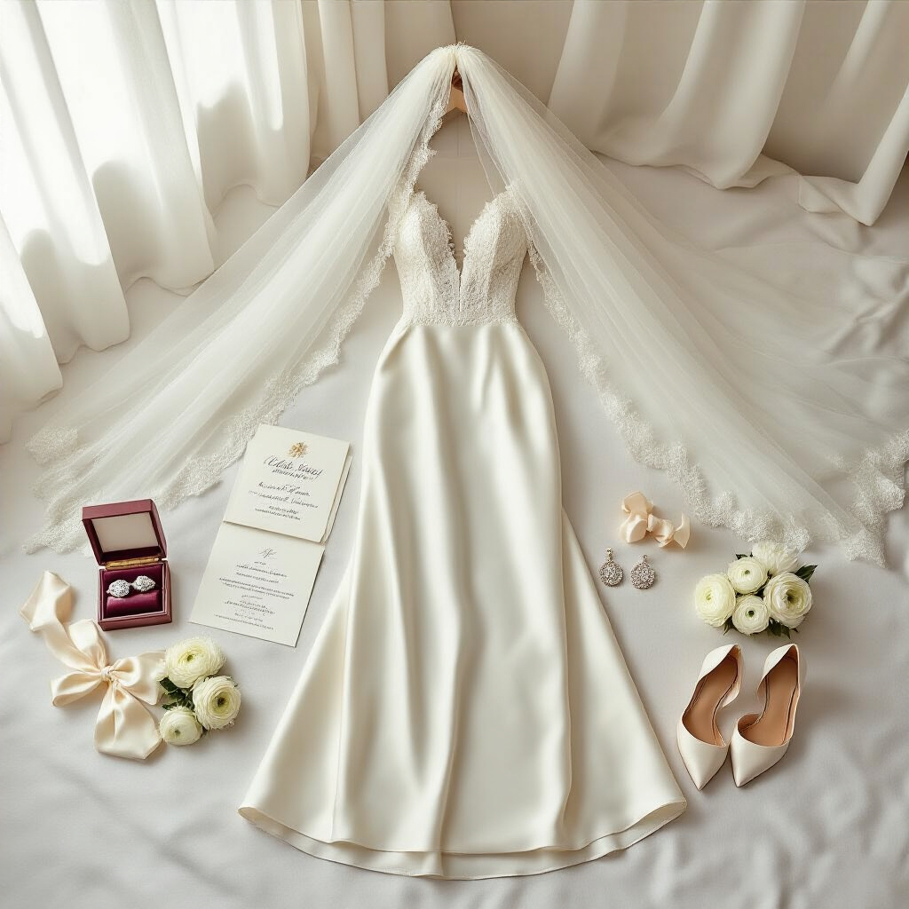 How to Photograph a Timeless Wedding Dress: The Complete Styling and Photography Guide Overhead flat lay of a cathedral veil draped over a satin A-line gown, surrounded by a calligraphy invitation suite, velvet ring box with diamond bands, pearl earrings, crystal perfume bottle, ivory silk ribbon, white ranunculus flowers, and blush satin heels on a white linen surface in soft, natural light.