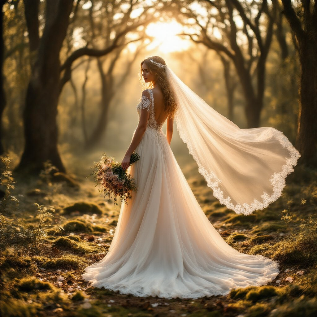 Ethereal Wedding Dress: The Complete Guide to Styling, Photographing, and Creating Dreamy Bridal Content A radiant bride in a flowing ivory gown stands in a sunlit forest clearing, her cathedral-length veil billowing behind her as she holds a wildflower bouquet. Warm backlight illuminates delicate lace appliqués on her dress, surrounded by soft moss and fallen petals, creating a weightless and romantic atmosphere.