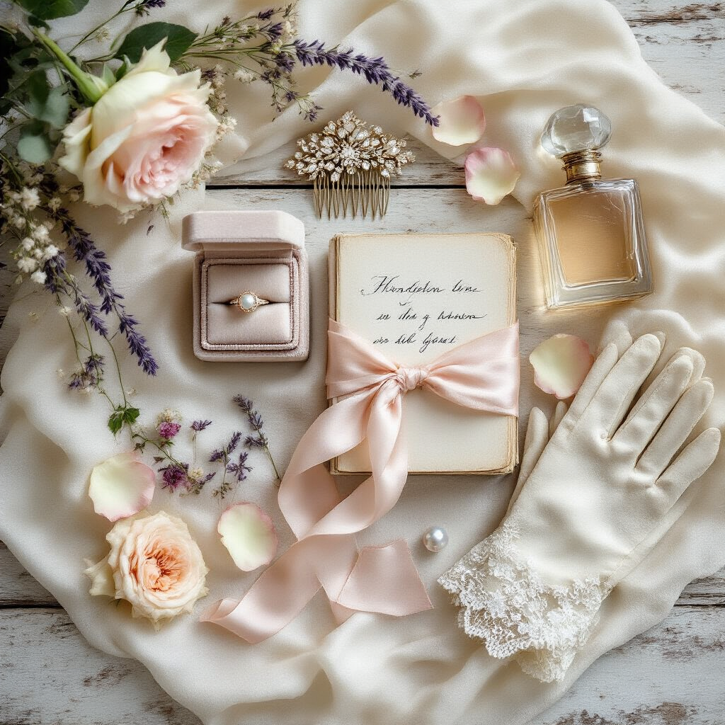 Ethereal Wedding Dress: The Complete Guide to Styling, Photographing, and Creating Dreamy Bridal Content An overhead flat-lay of bridal details on aged bleached wood, featuring a pearl-encrusted ring in a velvet box, a tied vow book, scattered dried florals in lavender and cream, a vintage perfume bottle, delicate lace gloves, and fresh dusty rose rose petals, all bathed in soft morning light.