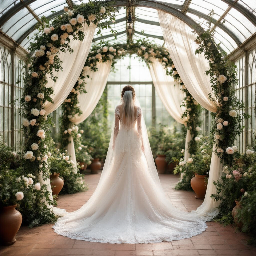Ethereal Wedding Dress: The Complete Guide to Styling, Photographing, and Creating Dreamy Bridal Content A bride in a layered organza gown with a cathedral veil stands beneath a tall arched ironwork frame in a softly lit greenhouse, surrounded by cascading floral installations and gentle fairy lights, creating a romantic and ethereal atmosphere.