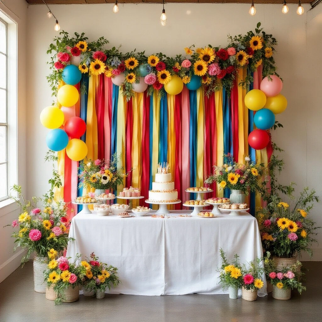 DIY Ribbon Garland: How to Make One That Actually Looks Expensive A vibrant indoor birthday party setup featuring a floor-to-ceiling DIY ribbon garland in bold primary colors, with a dessert table adorned with a three-tiered cake and pastel balloon clusters, illuminated by soft string lights for a whimsical atmosphere.