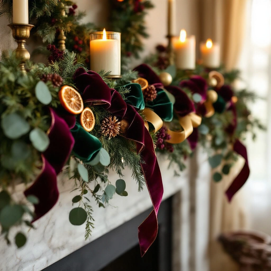 DIY Ribbon Garland: How to Make One That Actually Looks Expensive A close-up of an elegantly styled Christmas mantel featuring a lush DIY ribbon garland in rich jewel tones, decorated with brass candle holders, eucalyptus sprigs, and dried orange slices, all bathed in warm golden hour light.