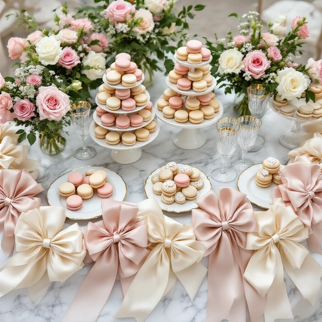 DIY Ribbon Garland: How to Make One That Actually Looks Expensive An overhead flat-lay of a wedding dessert table featuring a blush pink, ivory, and soft champagne gold bow ribbon garland, tiered macaron towers, crystal-clear glassware, gold-rimmed dessert plates, and clusters of fresh garden roses and ranunculus, all softly illuminated by natural light.