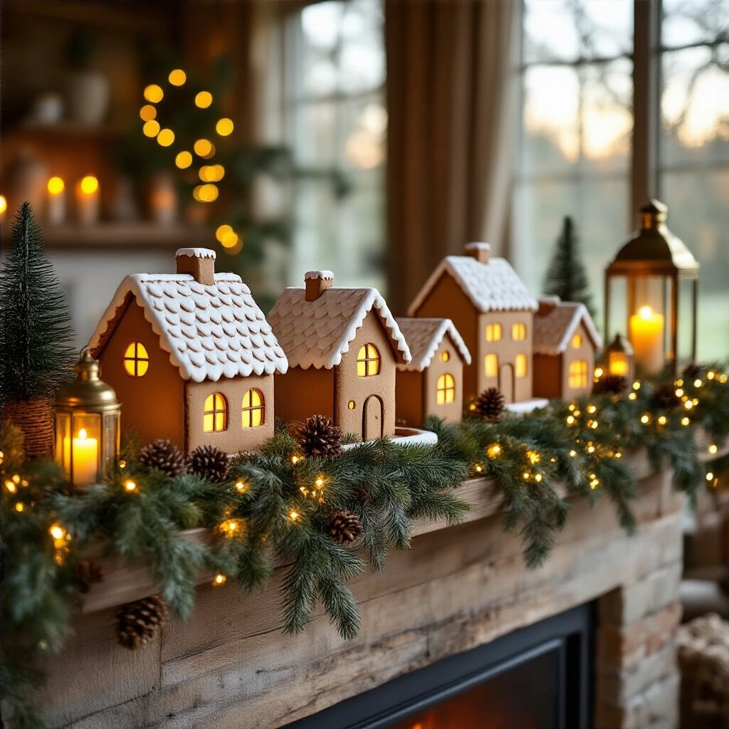 DIY Gingerbread House Garland: How to Make, Style, and Display This Charming Holiday Decoration A cozy rustic living room features a handcrafted gingerbread house garland on a reclaimed wood mantel, illuminated by warm-white fairy lights and tall brass lanterns. The scene is enhanced with fresh evergreen sprigs, pinecones, and bottle-brush trees, set against a backdrop of a cream linen mantel scarf, creating an intimate and nostalgic atmosphere.
