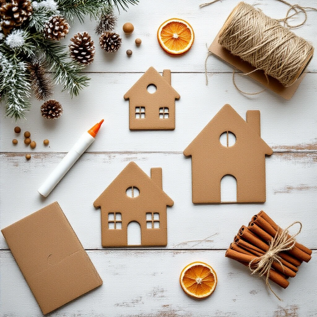 DIY Gingerbread House Garland: How to Make, Style, and Display This Charming Holiday Decoration Overhead view of a craft table with gingerbread house templates, cardboard shapes, a white chalk marker, jute twine, miniature bottle-brush trees, dried orange slices, a bundle of cinnamon sticks, and a glue gun, all arranged in a styled chaos under soft mid-morning light. The scene features warm tones and various textures, capturing an artisan, process-driven mood.