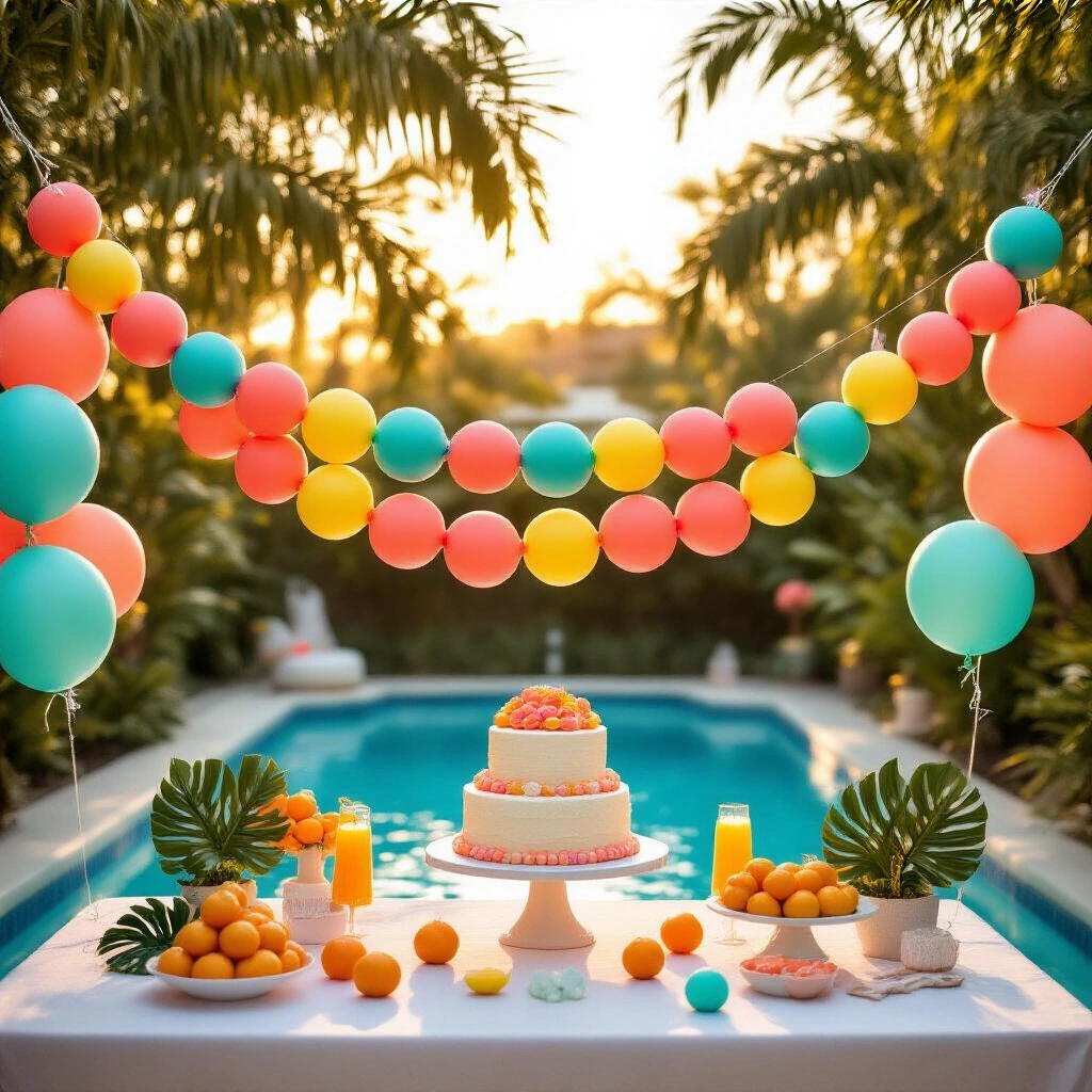 Pool Noodle Garland: The Easiest $10 Party Decoration You're Not Making Yet A festive backyard pool party scene bathed in golden hour light, featuring a stunning pool noodle garland in neon coral, electric turquoise, and sunshine yellow, above a dessert table adorned with a tiered birthday cake, tropical leaves, and citrus fruit. Teal and coral balloons accentuate the garland, and the shimmering pool is seen in the background, with dappled shadows from palm fronds above.